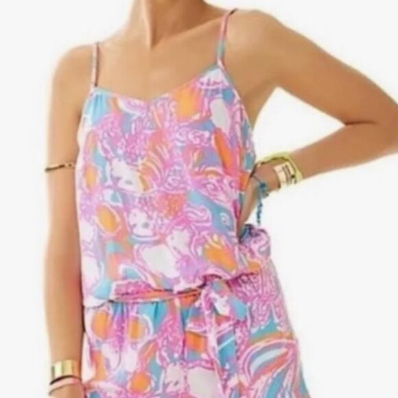 LILLY PULITZER DEANNA Romper "FEELING TANKED" Size M 8 10 Belt Pink Orange Blue - Picture 2 of 4